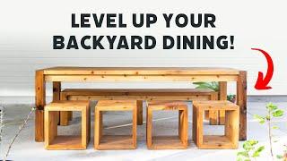 Easy DIY Outdoor Dining Table With Benches, Stools (and build plans!)