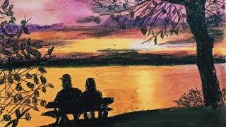oil pastel sunset scenery #old couple #Vish Arts