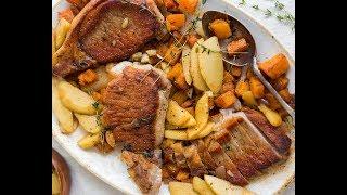 Pan-Seared Pork Chops, Spiced Butternut Squash, Fried Apples