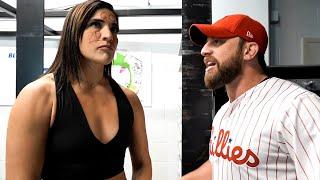 Raquel Rodriguez and Drew Gulak take part in a World Series prank battle