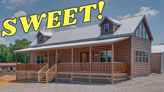 This modular log cabin takes it to ANOTHER LEVEL! Upstairs with loft, bed, and bath! House Tour