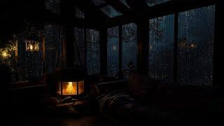 Night Rainfall and Fireplace Sounds | Cabin in the Woods with Relaxing Rain Sounds