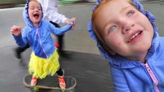 RAINY DAY ROUTINE!! Adley and Dad play in the backyard skate park in a RAIN STORM! (dont get soaked)