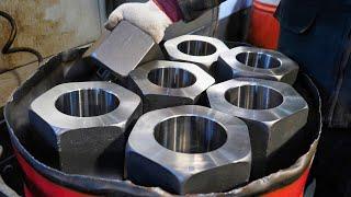 process of making super-large hex nuts and bolts. Korean metal factory