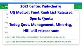 2021 Centac Puducherry UG Medical (Final rank list fir Sports Quota) For Admission Ramesh 9600154001