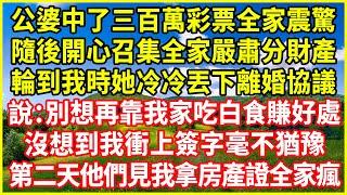 公婆中三百萬彩票全家震驚，隨後開心召集全家嚴肅分財產，輪到我時她冷冷丟下離婚協議，說：別想再靠我家吃白食賺好處！沒想到我衝上簽字毫不猶豫，第二天他們見我拿房產證全家瘋#情感故事 #深夜淺談#人生哲學