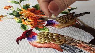 Hand Embroidery Art: Couple Peacocks and Chrysanthemum Flowers