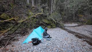 【徒歩キャンプ】-5℃大寒波の野営地でソロキャンプ。倒木の前で一晩、小さなタープで眠る。