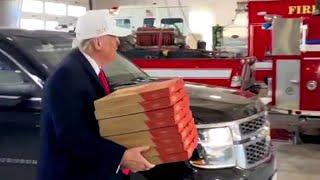 Donald Trump delivers pizza to firefighters in Iowa