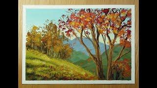 How to draw "Autumn". BEAUTIFUL LANDSCAPE gouache easy. Step by step drawing for beginners.