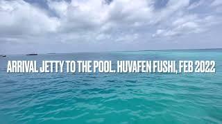 Walk from arrival jetty to the pool. Stayed at Huvafen Fushi for givetvis nights. February 2022.