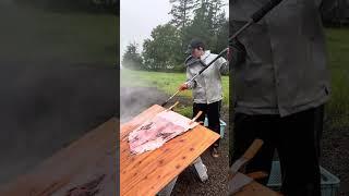 Fleshing pelts with a pressure washer