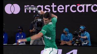 Novak Djokovic smashes the racket against Zverev