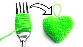 How to make Heart out of yarn from pompoms with Wool-Как сделать сердце из пряжи и помпонов с вилкой