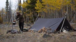 Fall Bushcraft Camp - Solo Overnight in Tarp Shelter, Bison Stroganoff, Cooking Tripod, etc