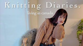 Knitting Vlog/ cable cardigan, living in canada /cinnamon roll/ cafe /編み物vlog, アラン模様カーディガン　/カナダ生活