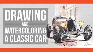 Drawing and water coloring a classic car