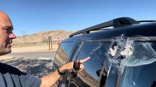 CAR WINDSHIELD DESTROYED AT THE BEGINNING OF OUR ROADTRIP 