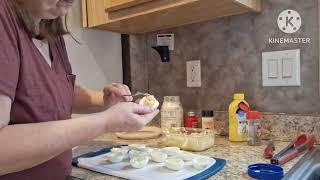 Hang out with me-making deviled eggs - heating up leftovers for lunch !
