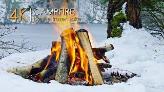 Campfire on Snow️White Ambience by the Lake & Authentic Sound