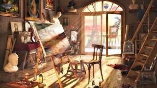 Cozy Art Studio in Paris Ambience ASMR  Painting Sounds, Relaxing Violin Music, Birds Chirping