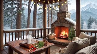 Winter Cozy Porch in Snowfall  Relaxing Fireplace and Snow Falling Ambience