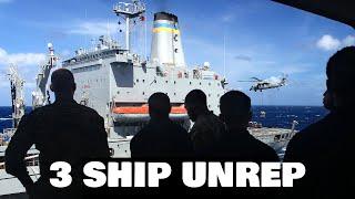 US Navy THREE SHIP replenishment (Triple UNREP) USS Somerset, USS Boxer and USS Dewey