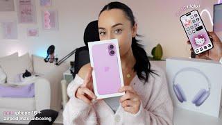 pink iphone 16 plus + purple airpod max unboxing | iOS 18 customisation