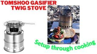 Tomshoo Gasifier Twig Stove – Initial setup, lighting, cooking, and packing away.