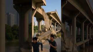 Curious locals gathered near a collapsing bridge—seconds before more of it crumbled without warning