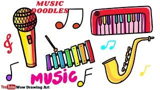 Draw Music doodles and musical instruments | Easy wow drawing tutorial | World music day drawing