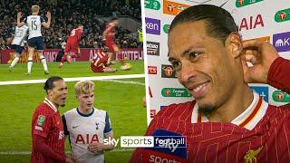 Virgil van Dijk reacts after Lucas Bergvall's controversial winner for Tottenham