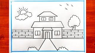 Easy House Drawing - How to Draw a 2-Storey House Picture - House Drawings with a View