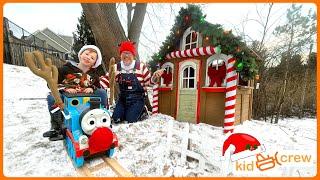 Christmas toy delivery on backyard railroad with kids ride on train. Educational | Kid Crew