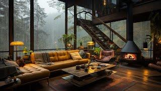 Jazz Relaxing Music at Cozy Cabin Room Ambience - Smooth Jazz & Gentle Rain Sounds for Unwind, Calm