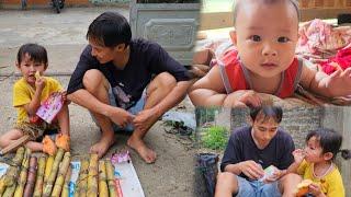 Single father and his 4-year-old daughter harvest sugar cane and sell it at the market for money