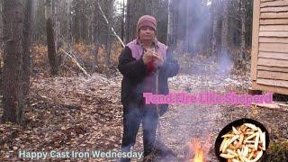 Silent In the Woods Off Grid Cast Iron Cooking Over Brush Fire| Sausage, Wedges, Gravy-Oct Challenge