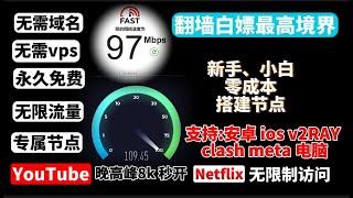 2023最新免费翻墙,免费科学上网最高境界，无需VPS，无需域名，永久免费，搭建专属节点！无限流量YouTube视频8K秒开，无限制访问奈飞，支持v2ray、Clash meta、iOS小火箭一键搞定