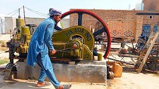 Diesel Oil Engine Starting Amazing Work With Wood Cutter Machine || Desi Old Black Engine