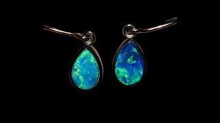 Short Drop Opal Earrings Blue Green Tear Drop 14k White Gold | FlashOpal