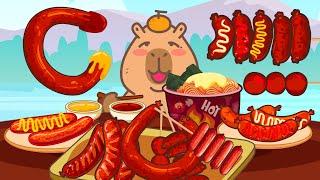 Capybara mukbang animation / ASMR / Kielbasa Sausage & Various Sausages with Ramen / Lazy Capy