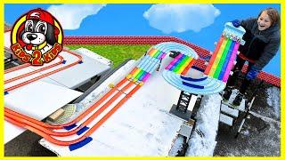 Hot Wheels Mario Kart SNOW Race  Our Longest Rainbow Road Raceway Track!