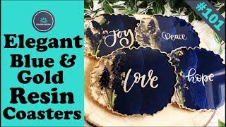 Elegant blue and gold geode resin coasters