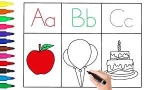 A for Apple, B for Ball, Alphabet Drawing Worksheet for Kids & Toddlers