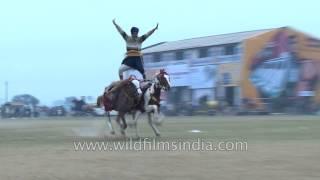 Sikh warriors ride horses with iron spears and swords