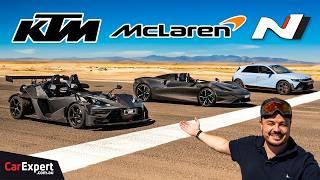 Carbon McLaren Elva vs KTM X-Bow with Nitrous drag race! Winner takes on Hyundai Ioniq 5 N