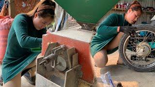 The girl maintains a 3-phase rice mil and replaces motorbike tubes for her uncle in the same village