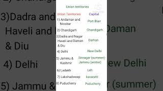 Union territories and their capital # union territories #shorts#