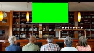 TV Green Screen | Happy friends watching television in bar 4k