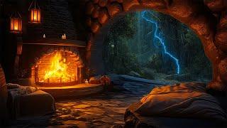 Hidden Cave In Forest On Rainy Night with Thunder Sound and Fireplace Crackling For Sleep,Relaxation